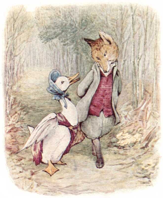 A white duck with a yellow bill and wearing a red shawl and a blue bonnet walks down a autumnal forest lane, talking to a fox next to her. The fox is a head taller than the duck, and is wearing a grey jacket and knickerbockers, and a dark red waistcoat.