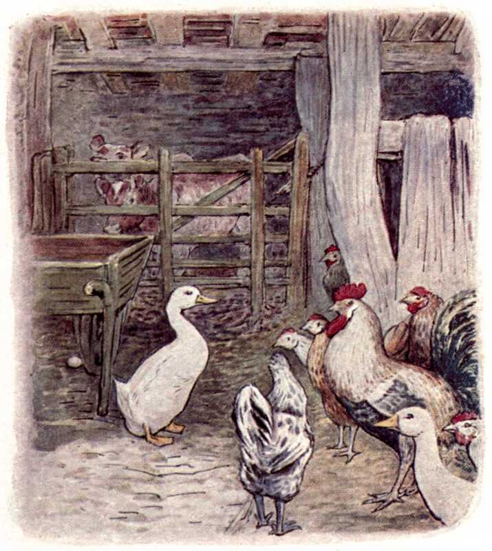 Jemima Puddle-duck stands in a barn in front of a wheelbarrow. A flock of chickens are looking at her, along with a couple of cows who peer through the wooden fence of their pen.