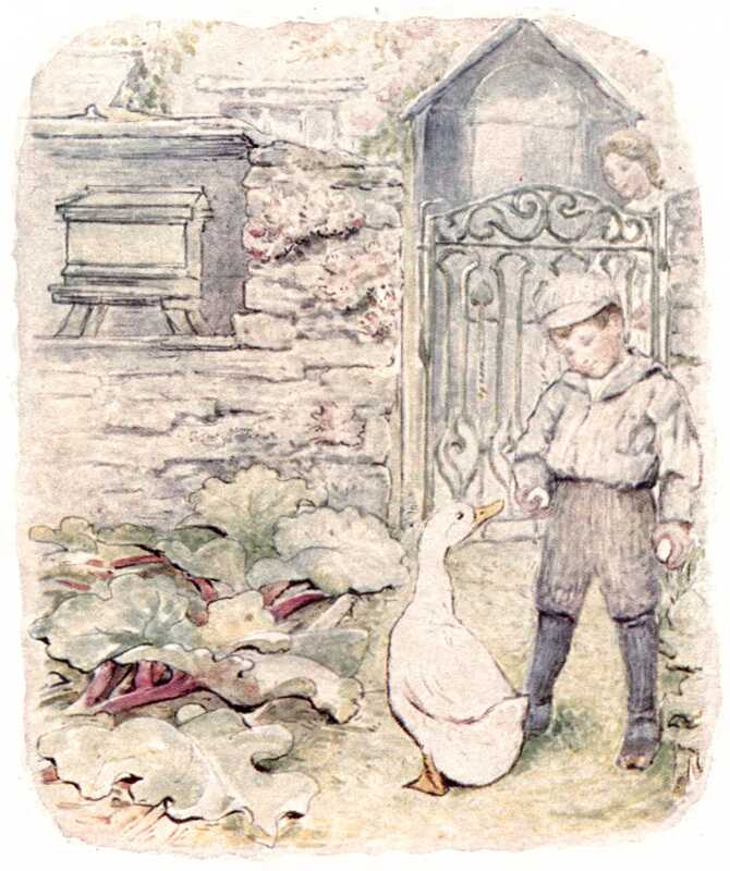 Jemima Puddle-duck stands on a garden path next to a rhubarb patch and looks up at the boy standing next to her. Behind them is a garden wall with a beehive in a nook, a wrought iron gate, and through the gate the boy’s mother.