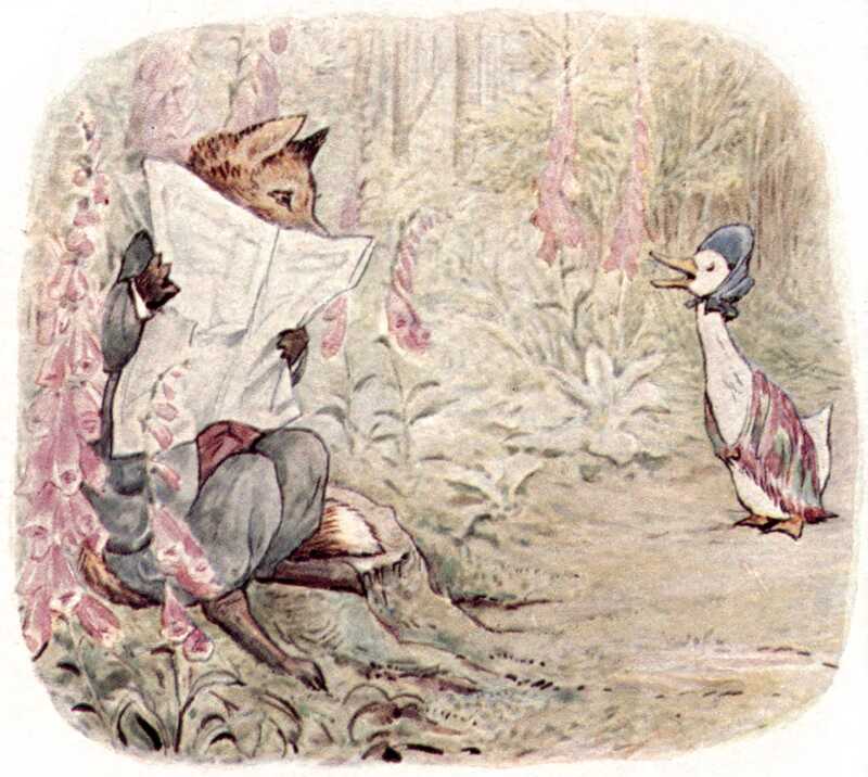 Jemima Puddle-duck talks to the fox, who is sitting on a tree-stump. He is wearing a grey jacket and knickerbockers, and a dark red waistcoat, and is clutching his newspaper with both paws.