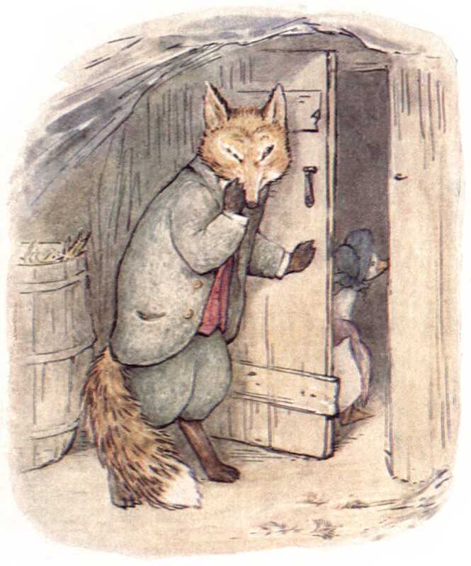 Jemima Puddle-duck has gone through the door of the woodshed and is inspecting the inside. Outside, the sly-looking fox has half closed the door with one paw, and is suppressing a snigger with the other.