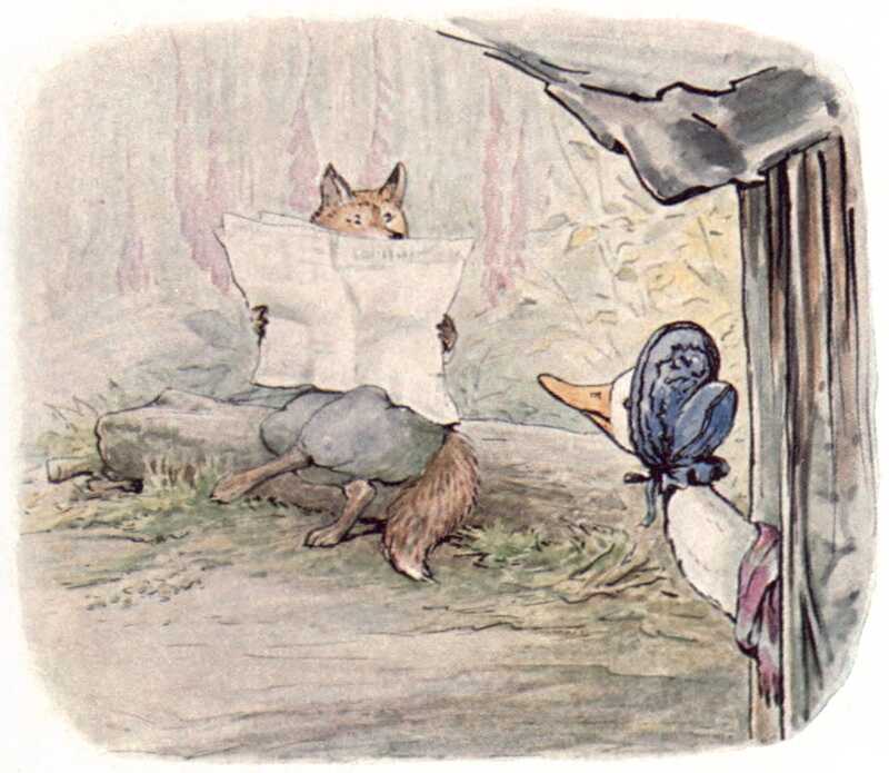 Jemima Puddle-duck pokes her head out of the woodshed to look at the fox, who is sitting outside on a fallen tree reading his newspaper.