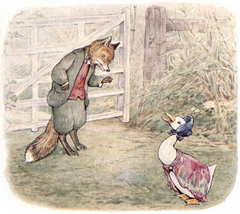 Jemima Puddle-duck talks to the fox in front of a large white wooden gate.