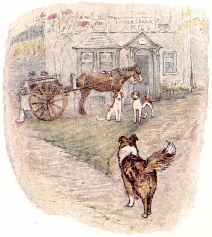 Kep stands looking at a pub called the “Tower Bank Arms.” In front of the pub are a pair of foxhounds, a horse harnessed to a cart, two men in hats inspecting the cart, and a cat looking at them.
