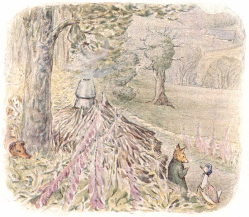 Jemima Puddle-duck talks with the fox in front of the woodshed. Behind them, slightly up the hill, we can see Kep and the two foxhounds.