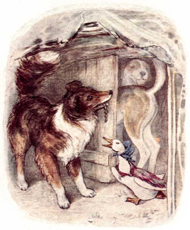 Jemima Puddle-duck looks furious and is quacking at Kep, who has grabbed the woodshed door handle with his mouth and pulled it open. Inside the woodshed with wagging tails the foxhounds gobble down Jemima’s eggs.