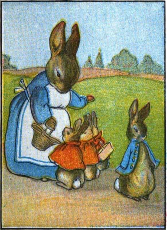 Mrs. Rabbit says goodbye to her children. Peter, in his blue coat, is looking away from Mrs. Rabbit.
