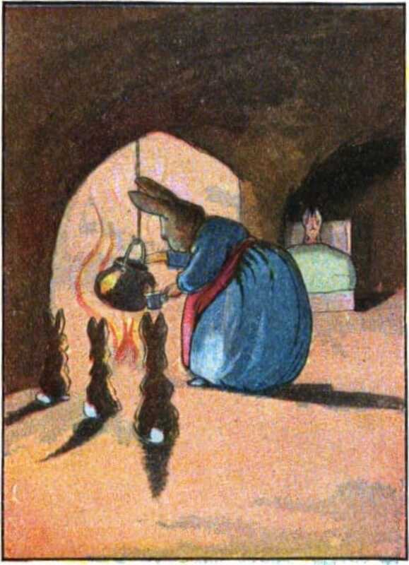 Mother heats some tea in a kettle over the fire, while Peter watches from his bed.