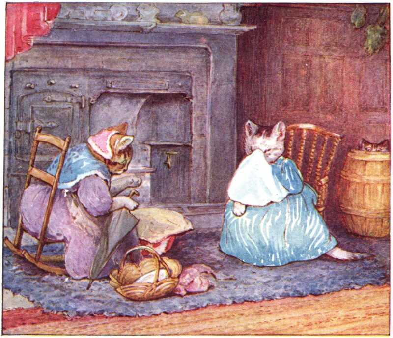 Two cats sit on rocking chairs in a wood-panelled living room, in front of a large cast iron oven built into a fireplace in the wall. The room is decorated with red and blue rugs and red velvet curtains, and jugs line the mantelpiece above the fireplace. The cat on the left is wearing a purple dress with a blue shawl and a purple bonnet, and is holding a folded umbrella. The cat on the right is wearing a blue dress, and sneezing into a large white handkerchief. To the very right is a large wooden barrel, from behind which a kitten is peeking out.