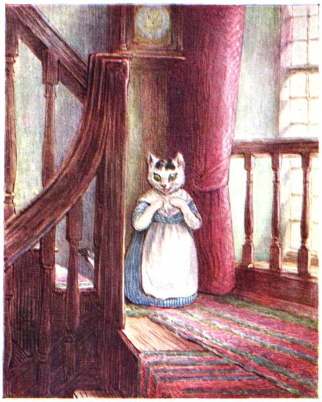 Mrs. Tabitha, dressed in a striped blue dress and white pinafore, stands on the stair landing and looks down the stairs with her green eyes wide.