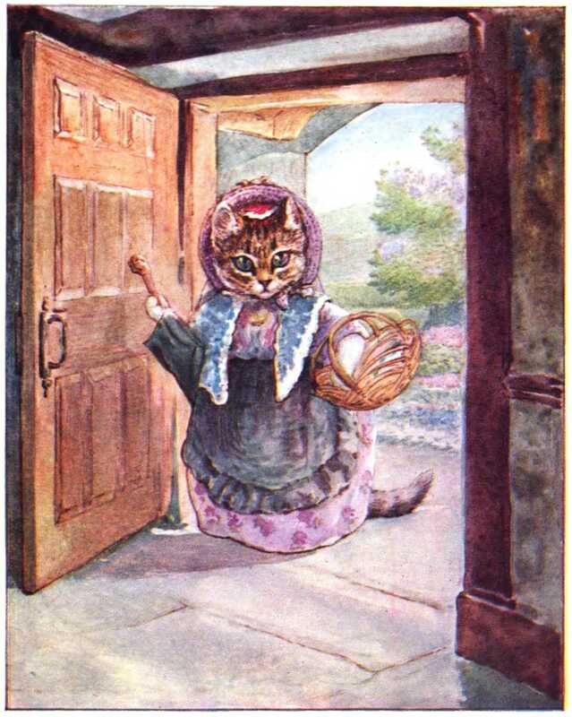 Mrs. Ribby stands in the doorway to the house, having just rapped on the door with the handle of her black umbrella. She has ginger fur, large green-brown eyes, and is wearing a pink dress patterned with purple flowers, a black pinafore, a purple hat, and a thick blue shawl.