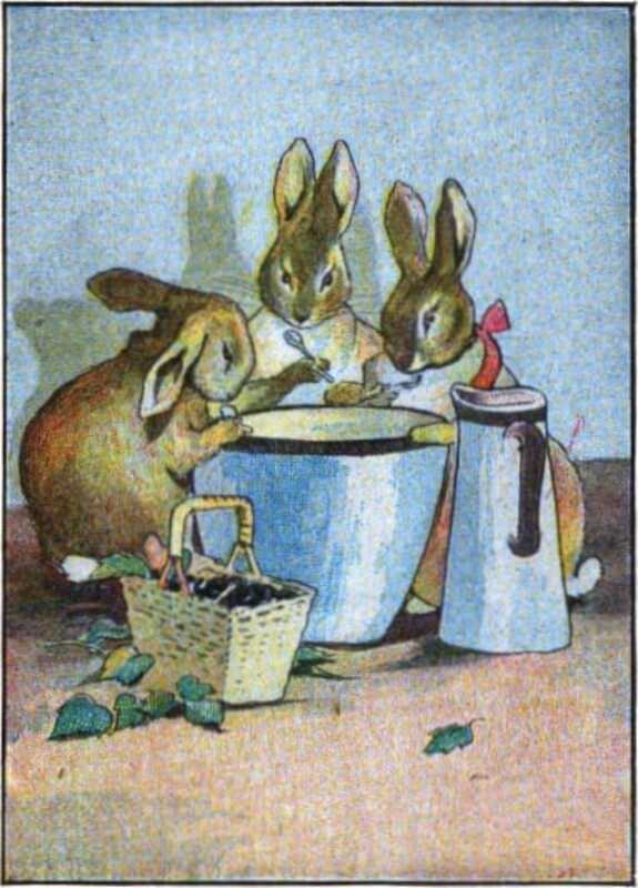 Flopsy, Mopsy and Cottontail hold spoons and stand around a tall blue pot and pitcher. There’s a basket of blackberries on the floor.