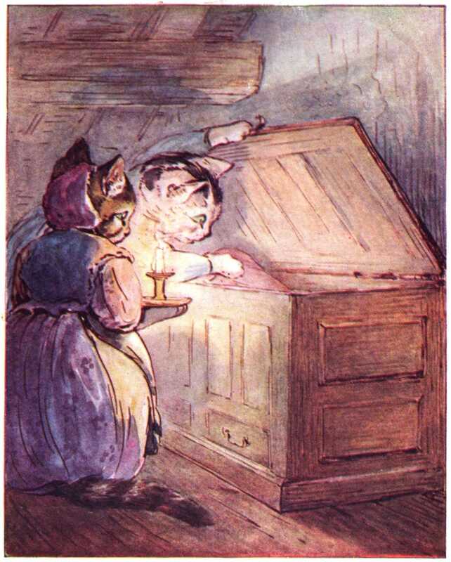 The cats inspect the contents of a large wooden chest by the light of a candle, searching for kittens.