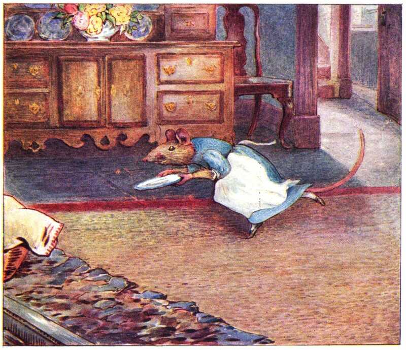 An old rat, wearing a blue dress, white pinafore and holding a white plate, scurries across the floor. The room is furnished with furniture in dark wood, bowls of flowers, and decorative plates.