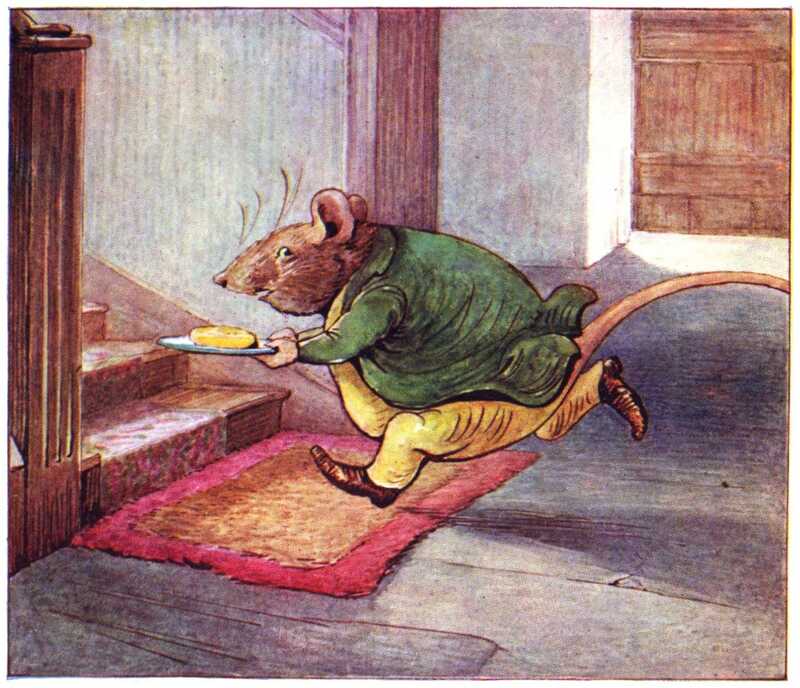 A fat rat runs towards the stairs holding a plate with a slab of yellow butter. He is wearing yellow trousers and matching waistcoat, a green jacket, and brown leather shoes.