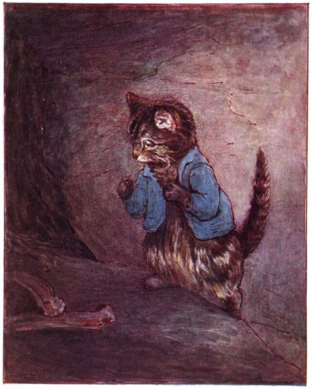 Tom Kitten stands in the chimney and looks at a couple of mutton ribs lying on the floor. His fur and blue jacket are covered with soot.