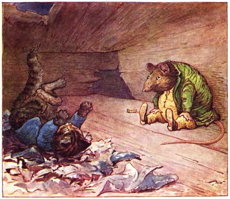 Tom Kitten has fallen through a hole and landed on his back on a pile of rags. The fat rat is sitting to one side with his hands on his knees, and looks on in amazement.