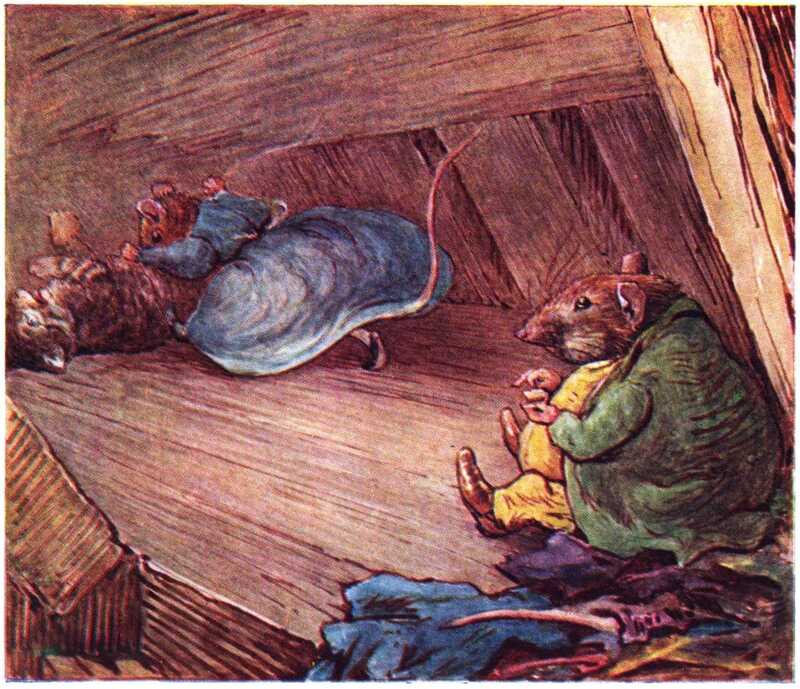 Anna Maria rushes over to Tom Kitten with her hands raised. Samuel Whiskers remains sitting on the floor and watches the scene while picking at a piece of food that he is holding.
