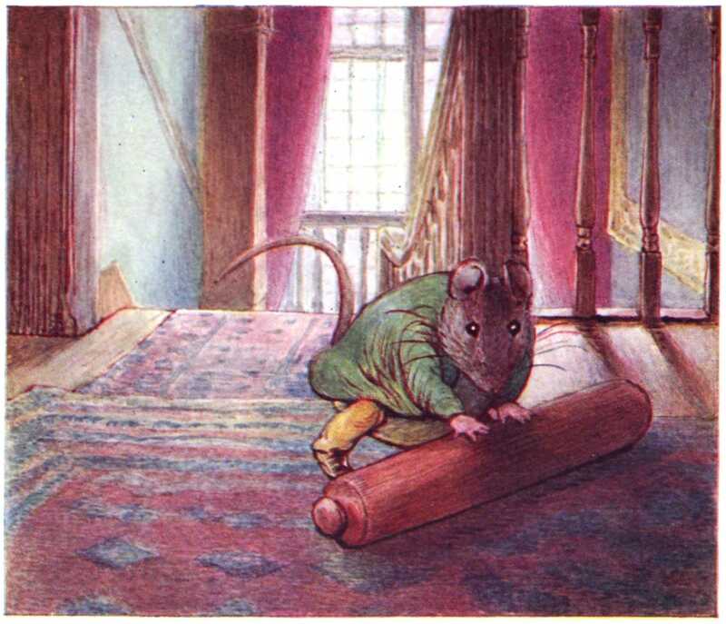 At the top of the stairs, Samuel Whiskers rolls a wooden rolling-pin over an ornate red rug.