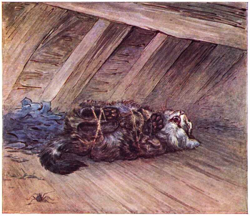 Tom Kitten lies on the boards with his mouth open, still completely tied up in string. Behind him is the pile of rags, and in front is a large black spider.