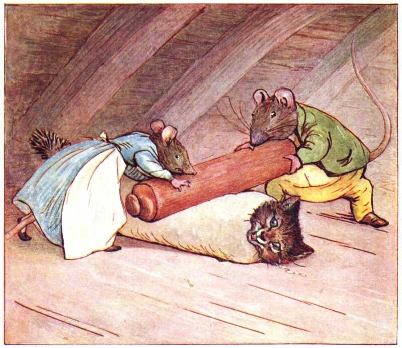 The rats roll a rolling-pin up and down the hissing Tom Kitten, whose body is now fully encased in a tube of pastry.
