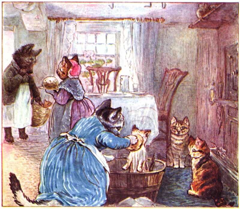 Mrs. Tabitha scrubs Tom Kitten clean of the dough in a bath of water while Moppet and Mittens look on. By the door to the house, Mrs. Ribby offers John Joiner a pudding before he leaves.