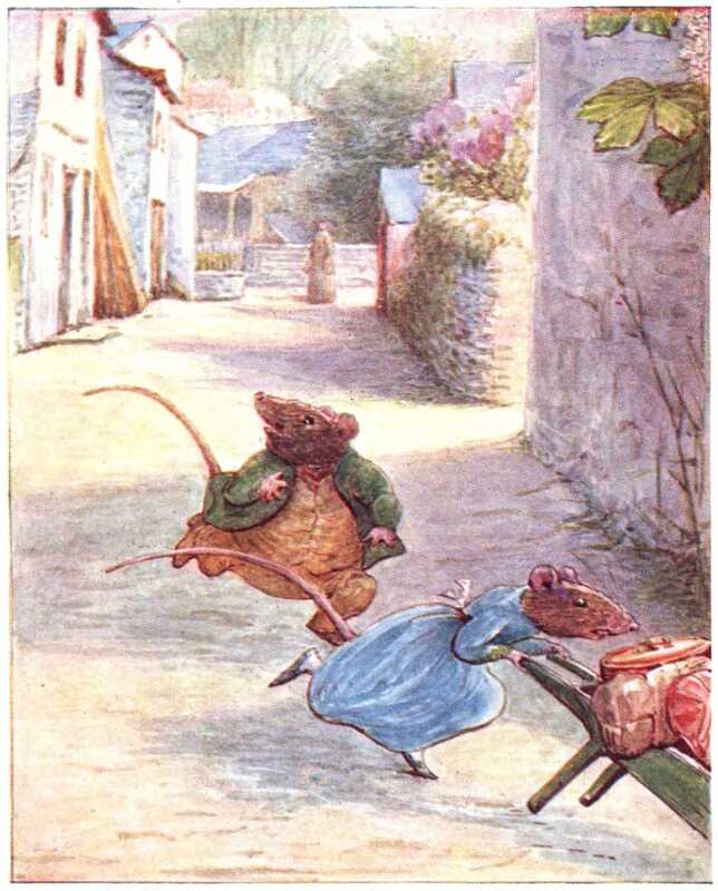 Anna Maria and Samuel Whiskers run down a lane between houses and stone walls. Anna Maria is pushing a wheelbarrow containing some parcels.