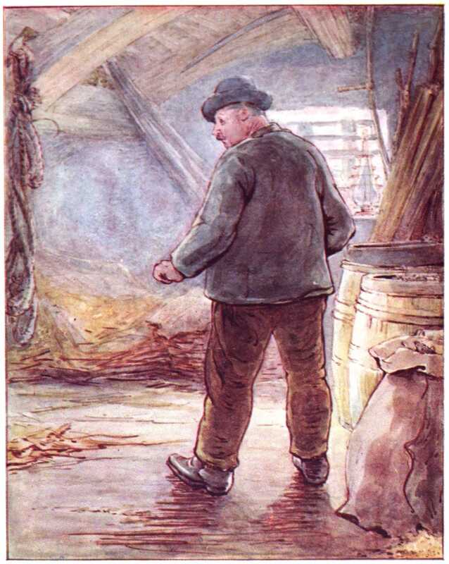 Farmer Potatoes looks around his barn. He is wearing a grey hat, grey jacket, brown trousers and black leather boots.