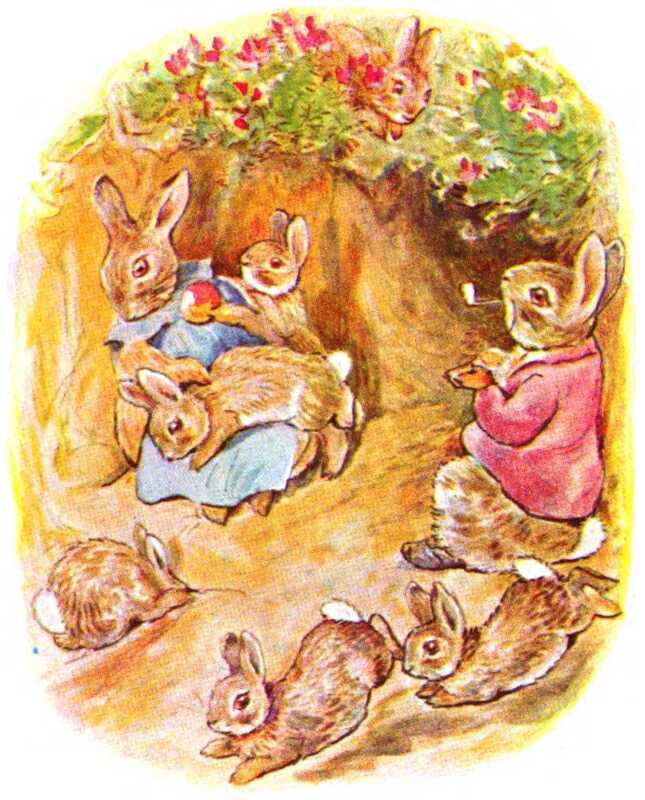 Benjamin Bunny sits next to the entrance of the burrow in his red jacket and smokes a pipe. On the other side of the entrance sits Flopsy wearing a blue pinafore. A couple of the children are trying to play with her, while the rest run around and hide from each other.