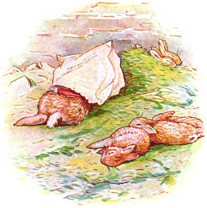The Flopsy Bunnies have laid down on the grass and gone to sleep, one with a paper bag on its head.