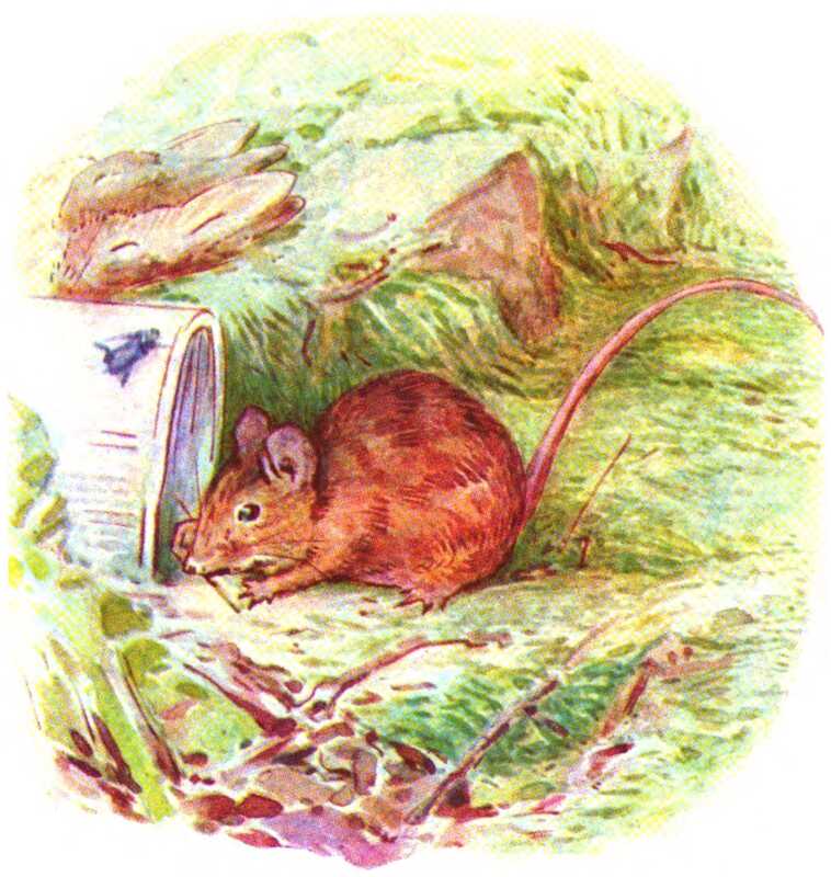 Thomasina Tittlemouse sniffs at a jam pot on which a black fly is sitting. Behind her lie a couple of sleeping bunnies on the grass.