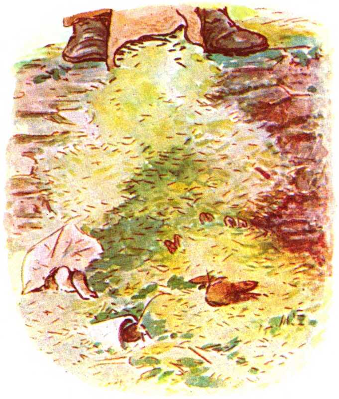Mr. McGregor sack is just visible as he empties grass mowings over the sleeping bunnies. The bunnies’ ears are poking out of the cut grass as Thomasina Tittlemouse dives into the jam pot.