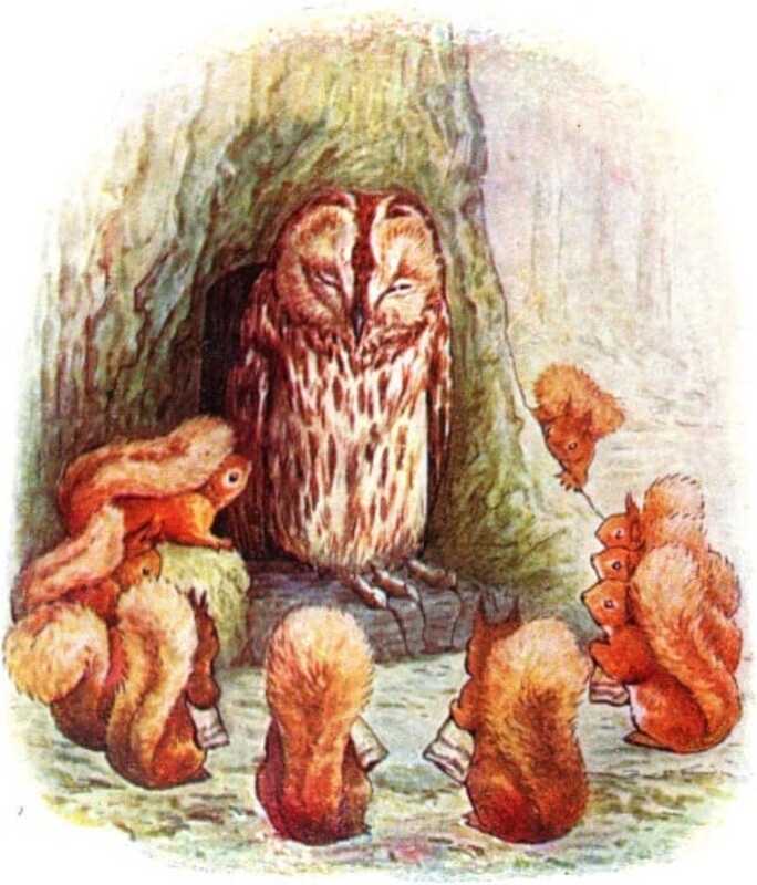 Red squirrels stand in a rough circle around the owl Old Brown, who is standing asleep at the base of a tree.