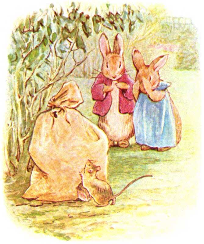 Benjamin is wringing his paws, while Flopsy covers her face and cries. In front of them lies the sack, which Thomasina Tittlemouse is standing up against. Through a small hole at the bottom of the bag a pair of bunny ears are poking out.