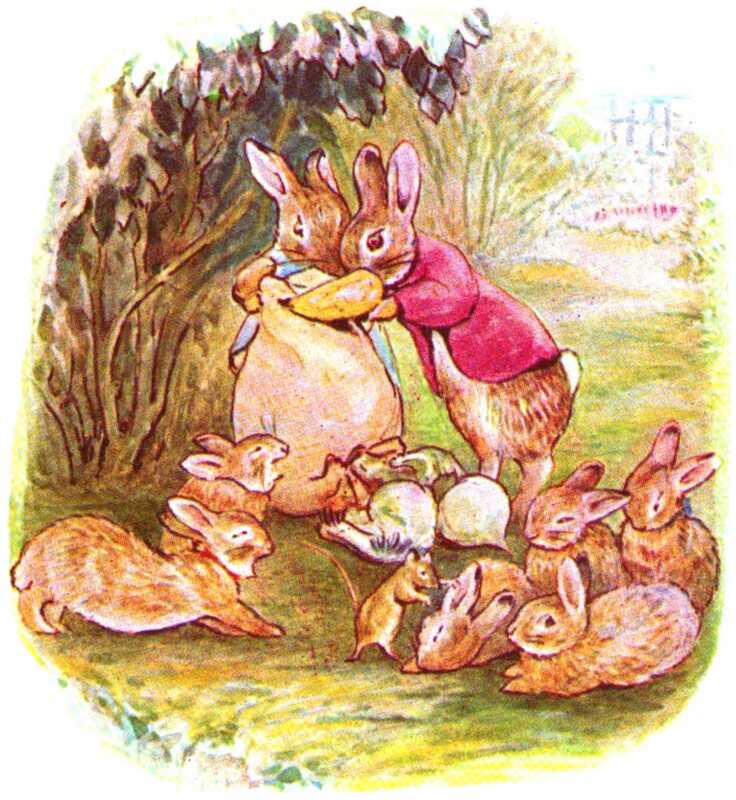 The Flopsy Bunnies yawn and stretch, while Thomasina Tittlemouse tries to wake the last one asleep. Benjamin and Flopsy look through the contents of the sack; two turnips have already been pulled out.