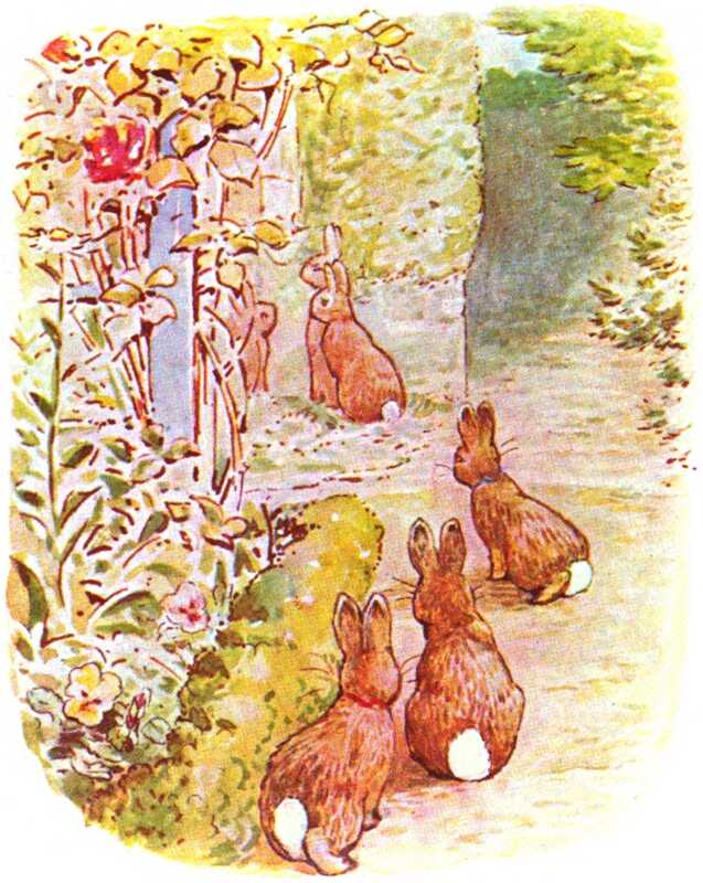 The Flopsy Bunnies cluster around the flowerbeds filled with roses and the blue door of Mr. McGregor’s house.
