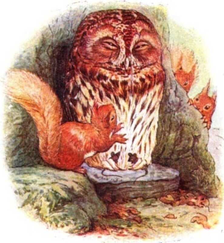 A sleepy-looking Mr. Brown sits at the base of a tree with a mouse in each claw, while Nutkin jumps up and down next to him.