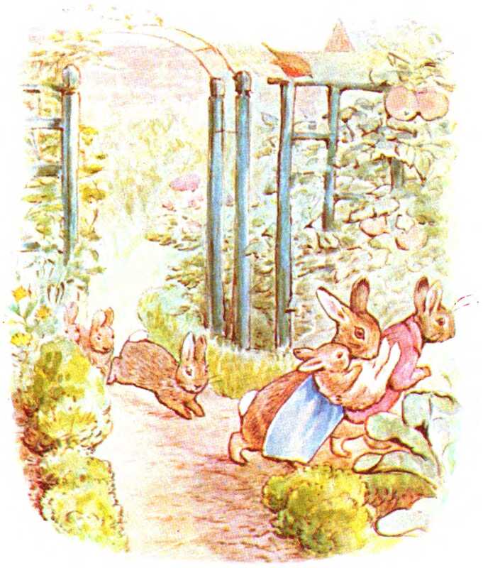 Benjamin and Flopsy hurry back through the garden. Flopsy is carrying the youngest Flopsy Bunny, and the rest run after her. A robin looks down from the top of the rose trellis.
