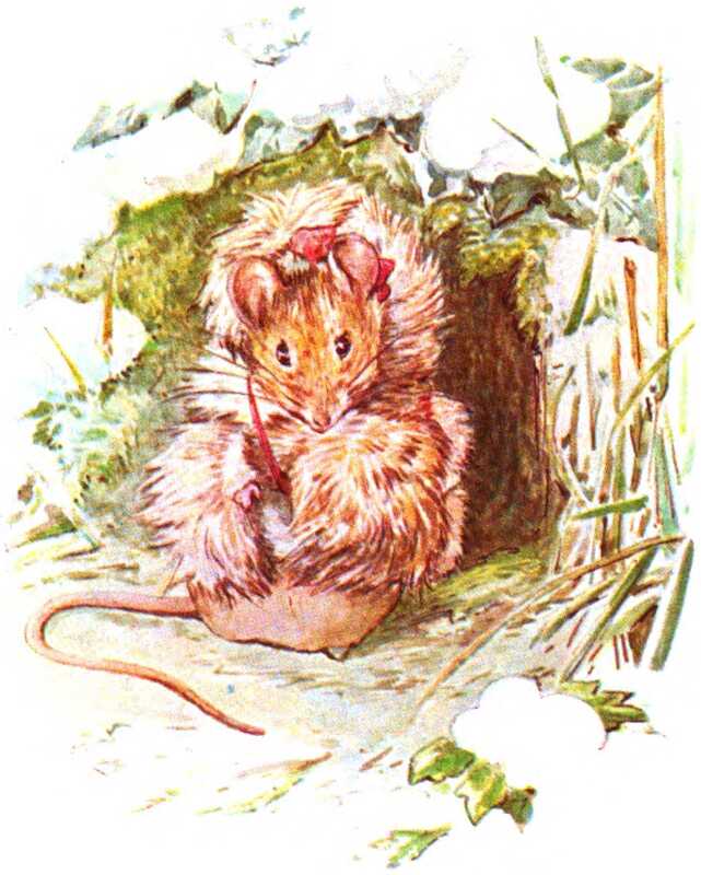 Thomasina Tittlemouse wears a warm fur coat, with a red ribbon tied around her head.