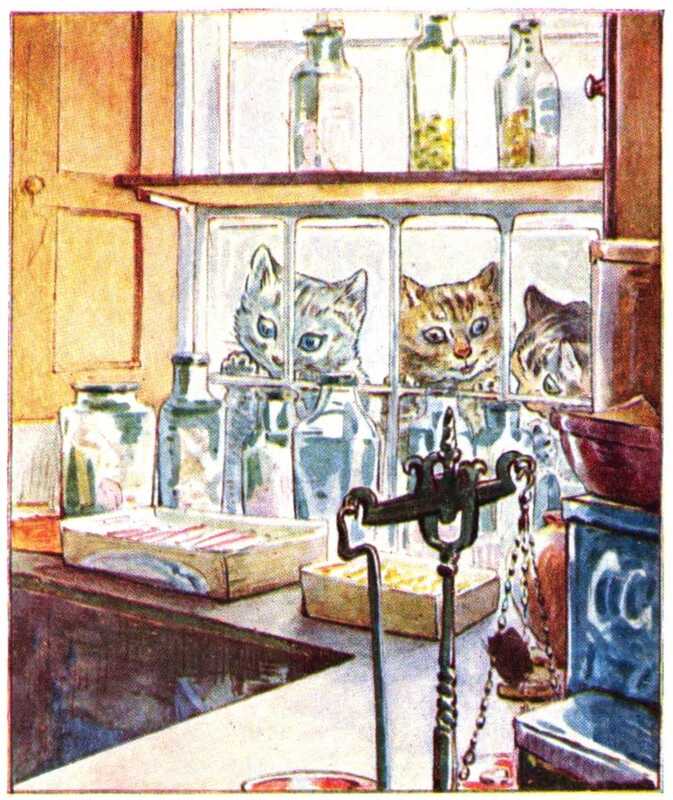 Three kittens stare in through a paned window. On the inside are boxes and jars of sweets, and a set of scales.