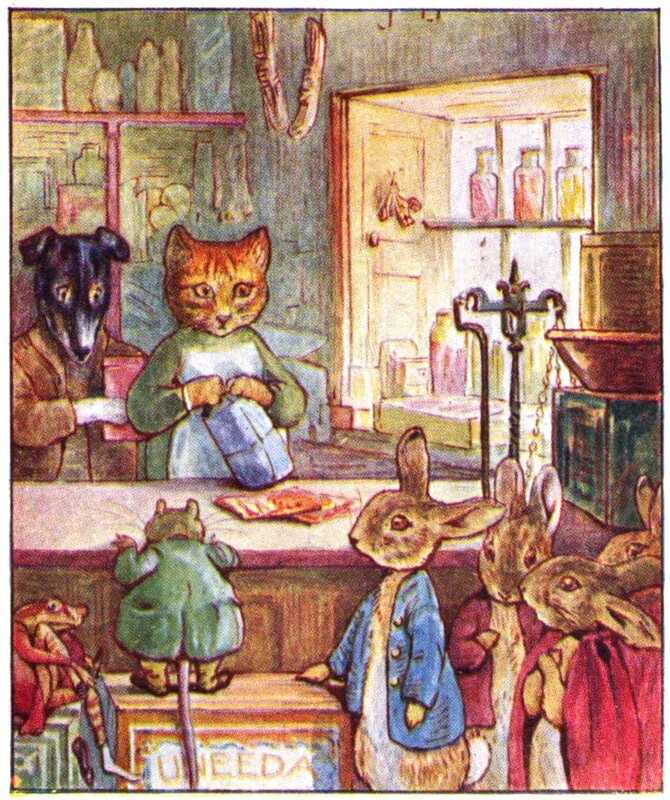 Inside the shop, a cat in a green dress and white pinafore and a dog in a brown jacket stand side by side behind the counter. Standing on a box in front of the counter and talking to the shop owners is a fat rat in a long green coat. A frog in a red jacket is sitting to his left, and four rabbits queue up to the right.