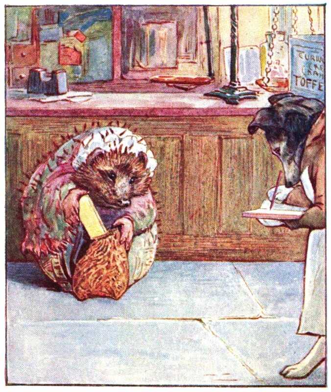 Mrs. Tiggy-winkle the hedgehog stands in front of the counter and puts her shopping into her bag. Pickles notes down in his ledger what she’s bought.