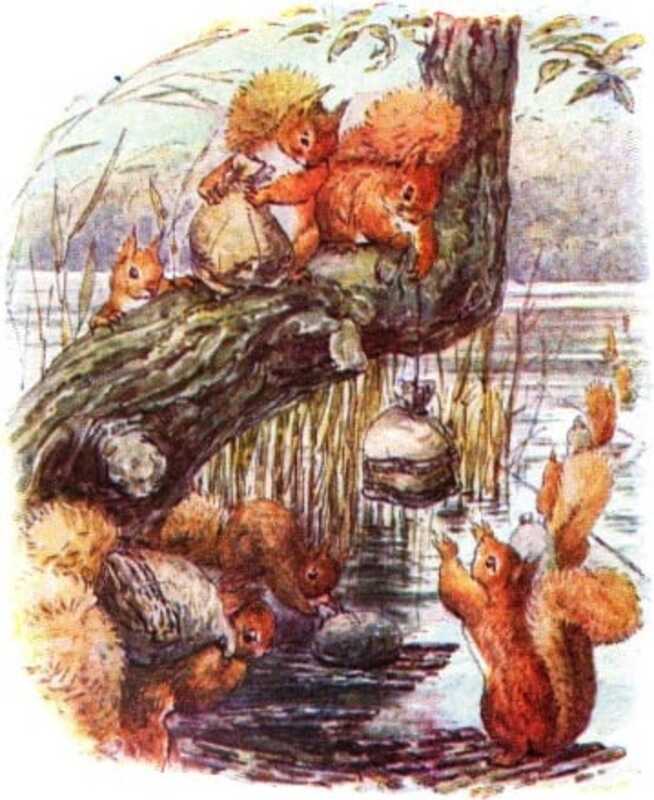 Squirrels sitting on a tree branch next to a reedbed place nuts in sacks, and lower them down to their cousins below.