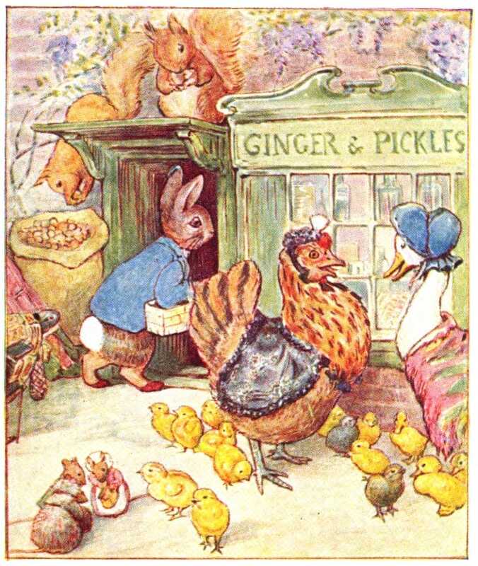 Peter Rabbit walks through the door of Ginger & Pickles carrying a basket. To the left of the door is a big sack of nuts, from which two red squirrels are helping themselves. In front of the window, Jemima Puddle-duck and a chicken in a black hat and coat are talking. Many ducklings and chicks are running around at their feet.