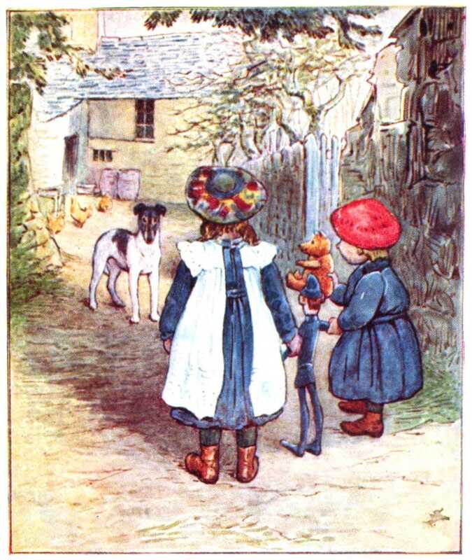 Two young girls in blue dresses each hold one arm of a policeman doll, and look down a lane at Pickles and the farmhouse beyond. The youngest girl is holding a teddy bear in her other hand.