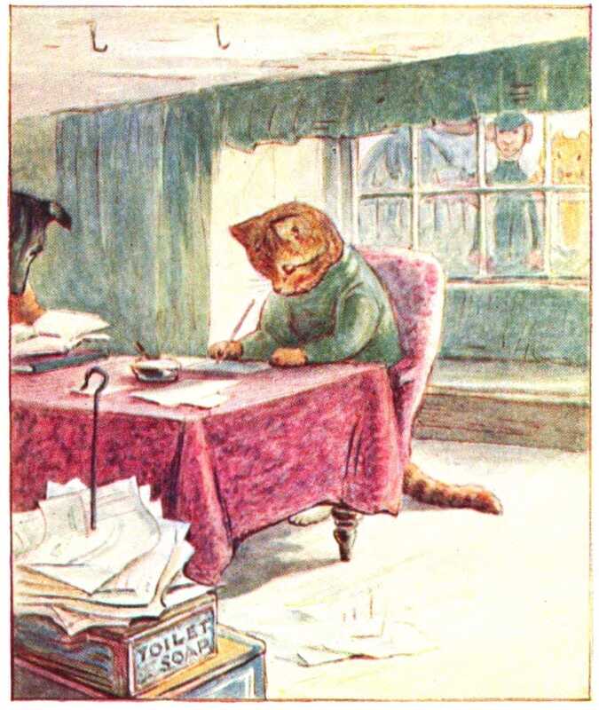 Ginger sits at a table covered in a red tablecloth and writes on some paper, while Pickles watches on. In front of the table is a box with a pile of papers on top of it. Looking through the window are the girls with the policeman doll and the teddy bear.