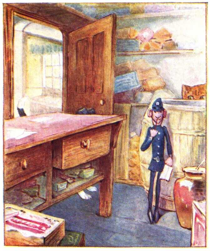 The policeman holds his notebook and sucks on his pencil thoughtfully, while leaning against a wooden barrel. Behind the desk next to him are just visible a pair of white paws, black ears, and a white-tipped black tail.