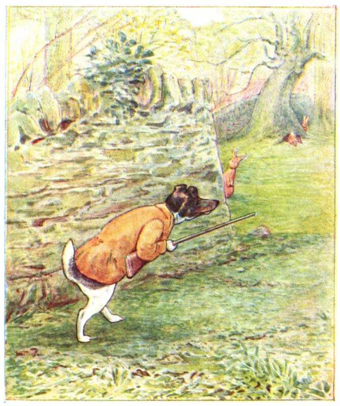 Pickles, dressed in a tan jacket and holding a rifle, carefully makes his way along a stone wall. Past the end, several bunnies can be seen in a field and at the bottom of a tree.