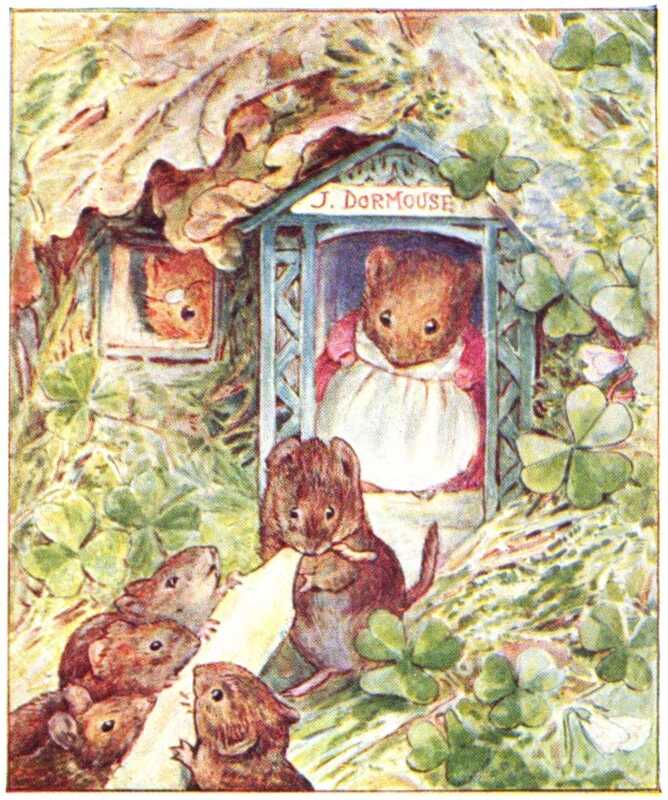 A dormouse in a pink dress and white pinafore stands in a doorway underneath a sign that reads “J. Dormouse.” The house is roofed with oak leaves, and has clover growing in front and up the walls. Mr. John Dormouse watches out of the window, with his reading glasses on his forehead, while five other dormice carry a long white candle down the path.