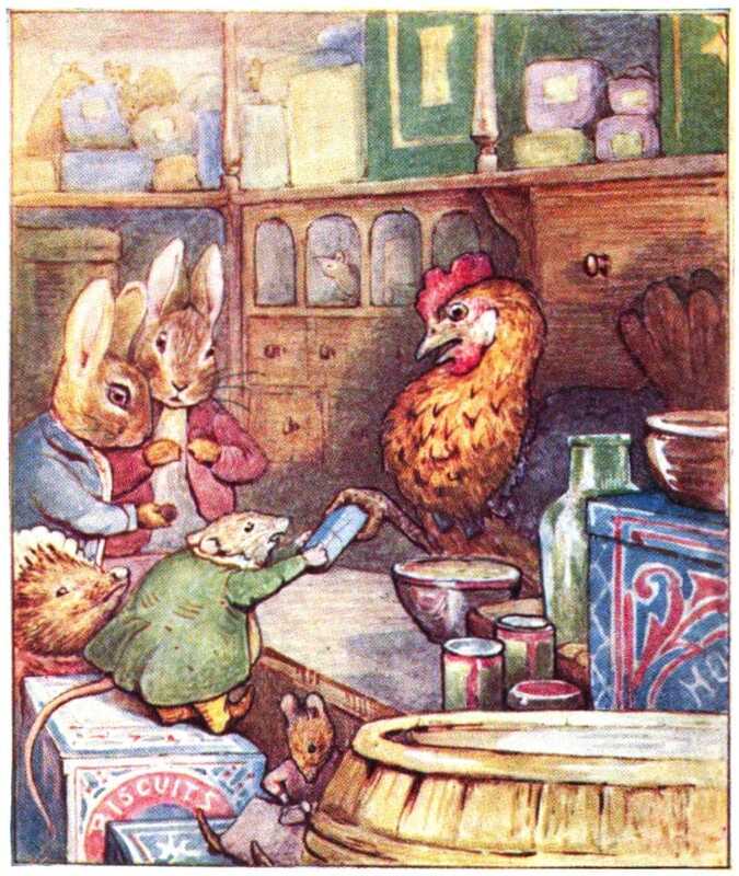 Sally Henny Penny stands behind the counter of her somewhat cluttered show. The walls are lined with wooden drawers and cupboards, and the shop is full of barrels and biscuit tins. Samuel Whiskers is pulling a blue package from Sally Henny Penny’s claw, while Peter and Benjamin Bunny and Mrs. Tiggy-winkle wait in the queue.